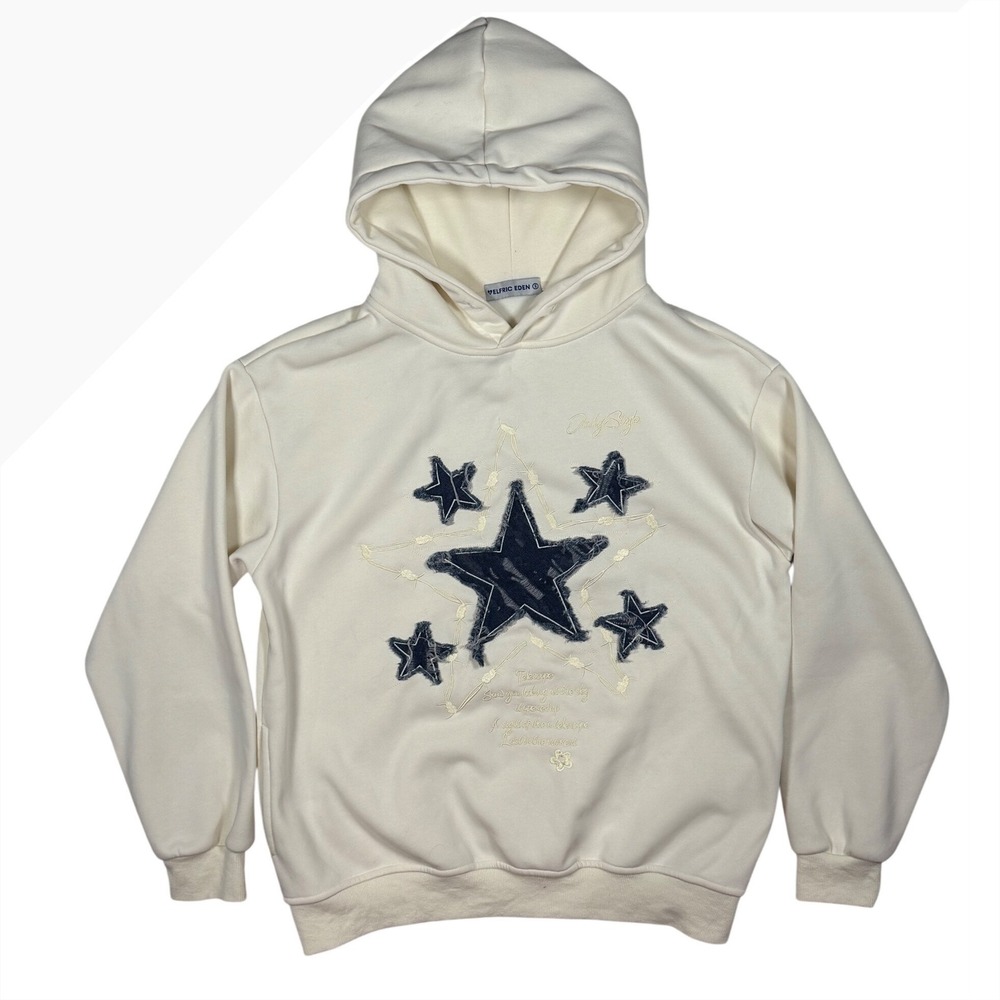 Aelfric Eden Star Appliqué Hoodie Cream Embroidered Y2K Streetwear Pullover, Sm